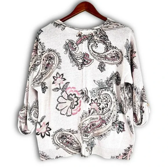 Chico's Blush Pink Paisley Sweater Sz 3 (XL) 3/4 Roll Tab Sleeve Romantic Cotton - Picture 6 of 12